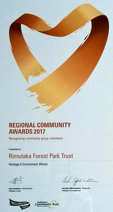 Heritage & Environment Award certificate for the Rimutaka Forest Park Trust at the Wellington Airport Regional Community Awards 2017