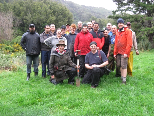 BP New Zealand employees with Trust volunteers on their community vounteer day outing at the Catchpool Restoration Project